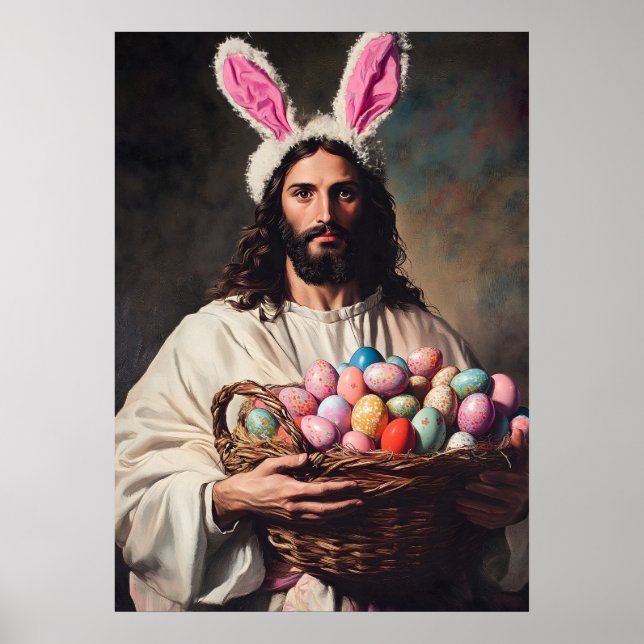 Poster Engraçado Jesus Cristo Páscoa Bunny Ears Memória (Frente)