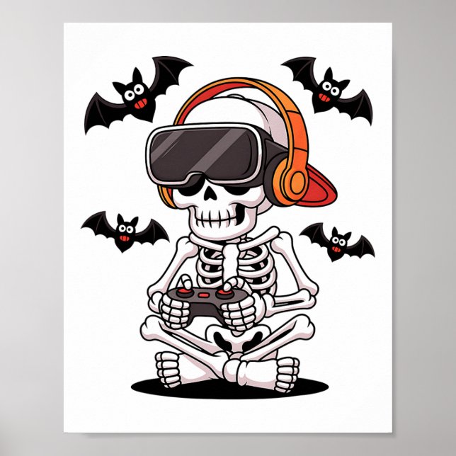 Poster Engraçado Jogador De Esqueleto Com O Fone De Ouvid (Frente)