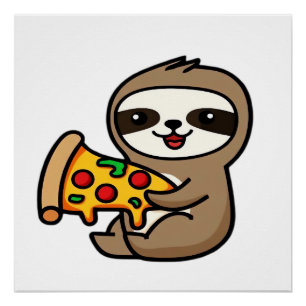 Póster Engraçado Kawaii Chibi Preguiça com Pizza � Desenh