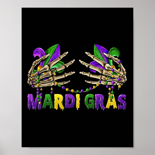 Poster Engraçado Mardi Gras Skeleton Mãos (Frente)