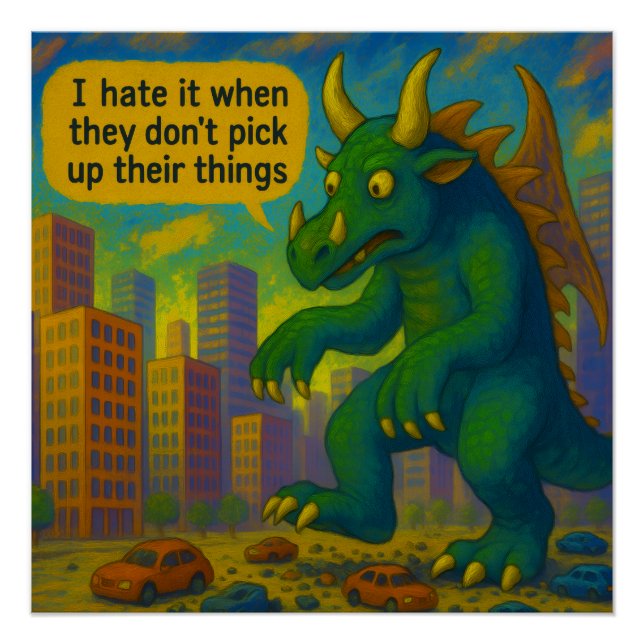 Póster Engraçado Monstro Kaiju pisando em coisas Fantasia (Frente)
