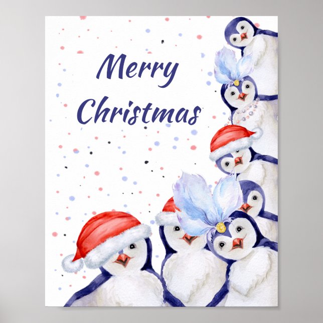 Poster Engraçado Pinguins de Natal Aquarela (Frente)