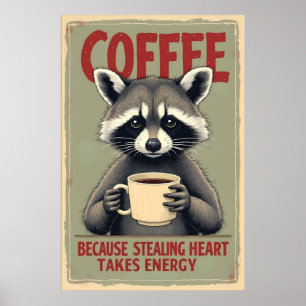 Poster Engraçado Raccoon Coffee Art