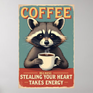 Poster Engraçado Raccoon Coffee Art