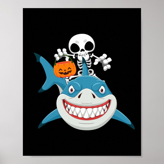 Poster Engraçado Skeleton Andando Tubarão Jack O'lantern  (Frente)