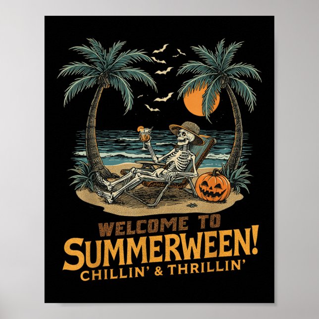 Poster Engraçado Skeleton Beach Sunset Spooky Frota Hallo (Frente)