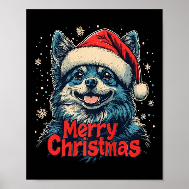 Poster Engraçado Spitz Santa Hat Feliz Natal Cachorro Lov (Frente)