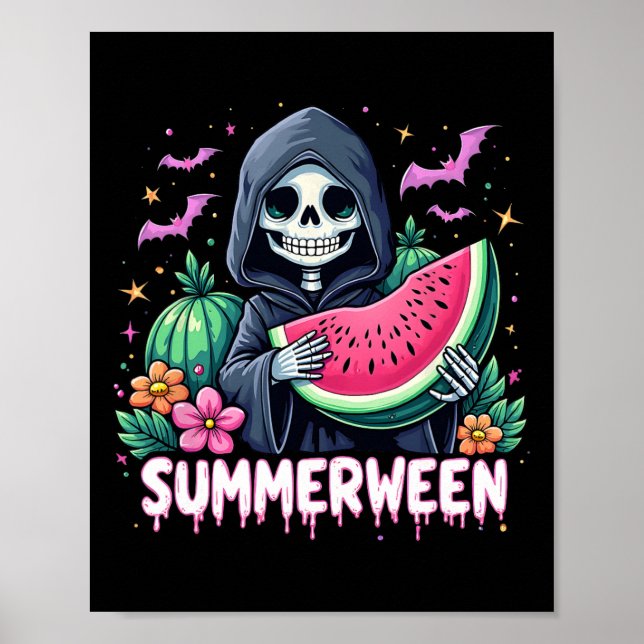 Poster Engraçado Summerching Skeleton Watermelon Hallowee (Frente)