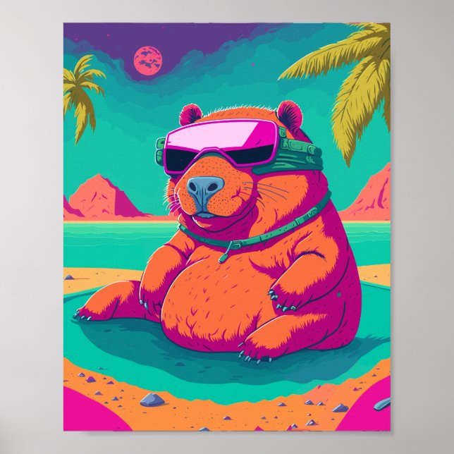 Poster Engraçado Tropical Cyberpunk Capybara Art (Frente)
