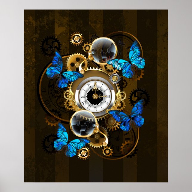 Poster Engrenagens Steampunk e Borboletas Azuis (Frente)