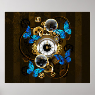 Poster Engrenagens Steampunk e Borboletas Azuis