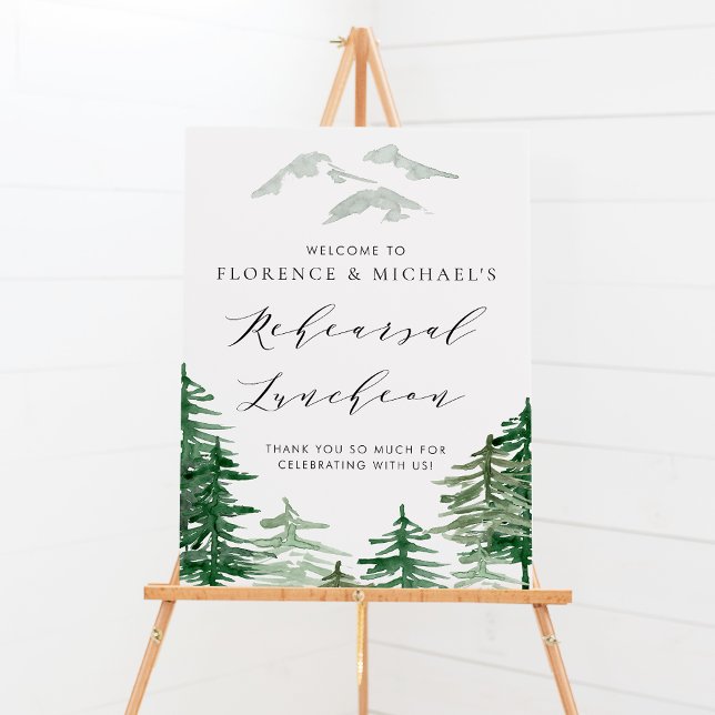 Poster Ensaio em Floresta de Aquarela Brunsque (Customizable woodland wedding rehearsal luncheon welcome sign featuring watercolor forest. )