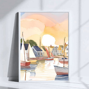 Poster Enseada de Barcos Pintura em Aquarela da Água do