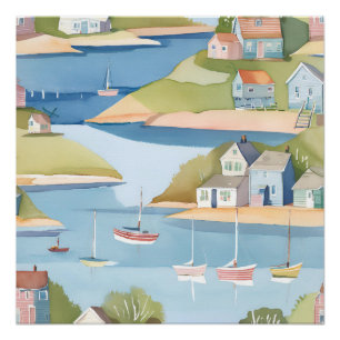 Póster Enseada de Barcos Pintura Moderna em Aquarela