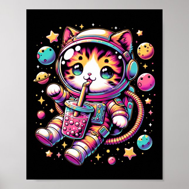 Poster Enstronauta Engraçado Espaço Kawaii Boba Tea Cat (Frente)