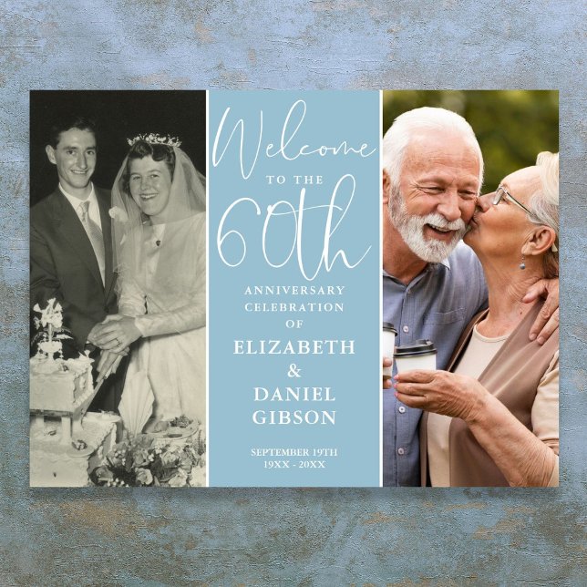 Poster Então e agora 2 Foto 60º Aniversário Sinal de Boas (Then And Now 2 Photo 60th Anniversary Welcome Sign)