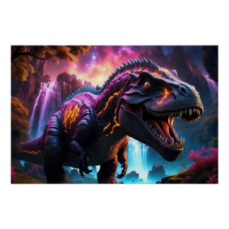 Póster Epic Cosmic Dinossaur Fantasy Vibrant Landscape Po