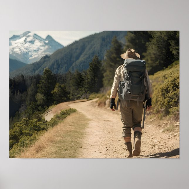 Poster Epic Hike para as montanhas: Hiker entusiasmado (Frente)