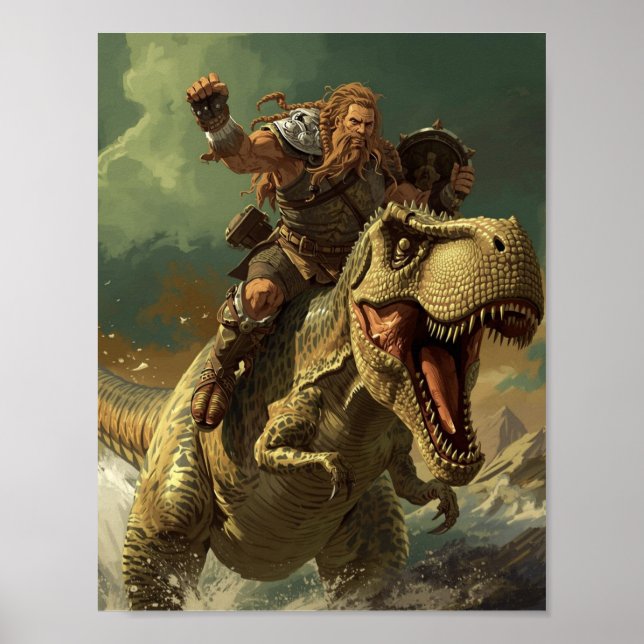Poster Epic Viking Warrior Riding a Roaring T-Rex (Frente)