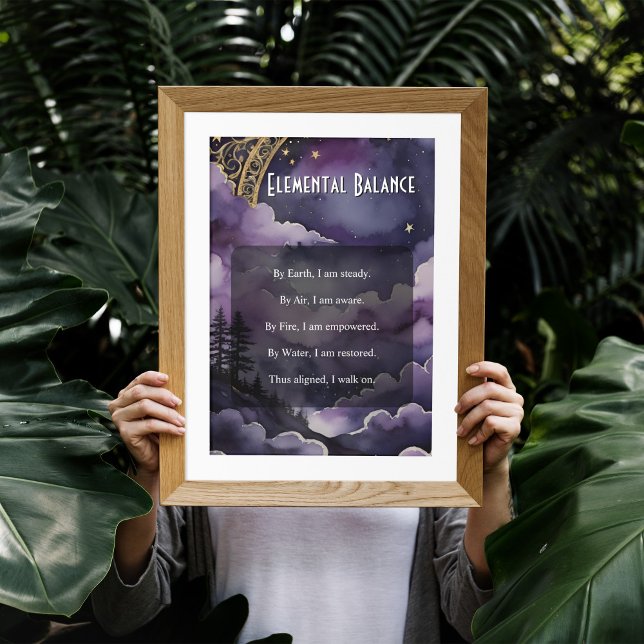 Poster Equilíbrio Elemental Oração Pagã Céu Noturno Roxo (Purple Night Sky Elemental Balance Prayer for Pagan and Wiccan Practice by Starborne Devotionals)