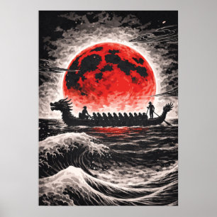 Poster Equipe de corrida de barco do dragão remando no ho