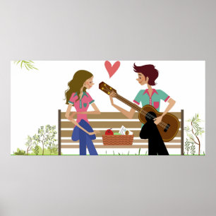 Poster Equipe o jogo da guitarra com uma mulher ao lado