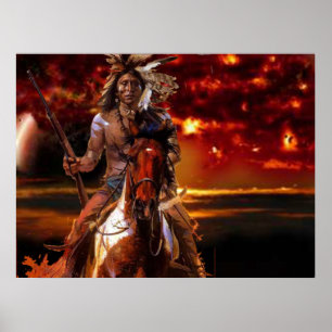 Póster Equitação indiana do guerreiro através do fogo