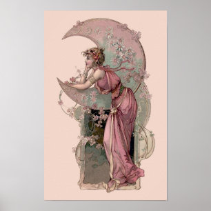 Poster Era vitoriosa Arte Nouveau Mulher e Lua Crescente