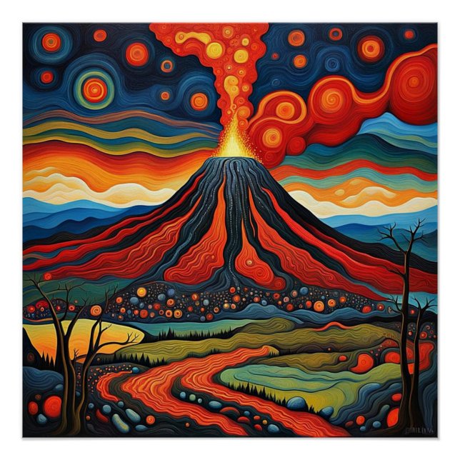 Póster Erupção do vulcão à noite 5 (Frente)