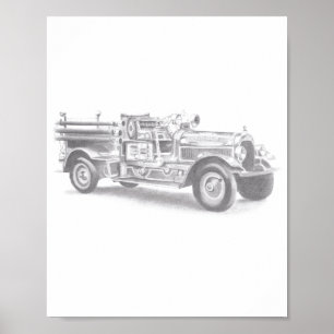 Poster esboço a lápis de caminhão de bombeiros antigo des