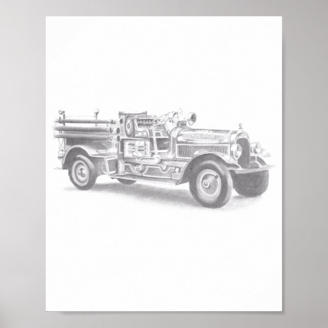 Poster esboço a lápis de caminhão de bombeiros antigo des (Frente)