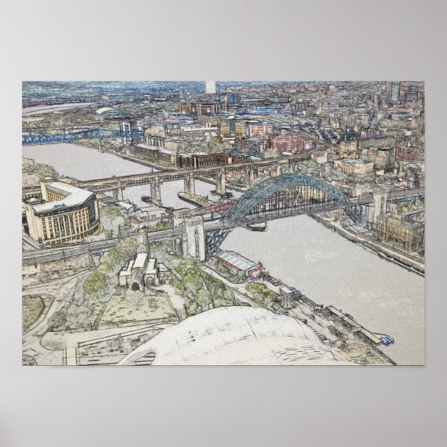 Poster Esboço Artístico da Ponte Tyne no Horizonte de New (Frente)
