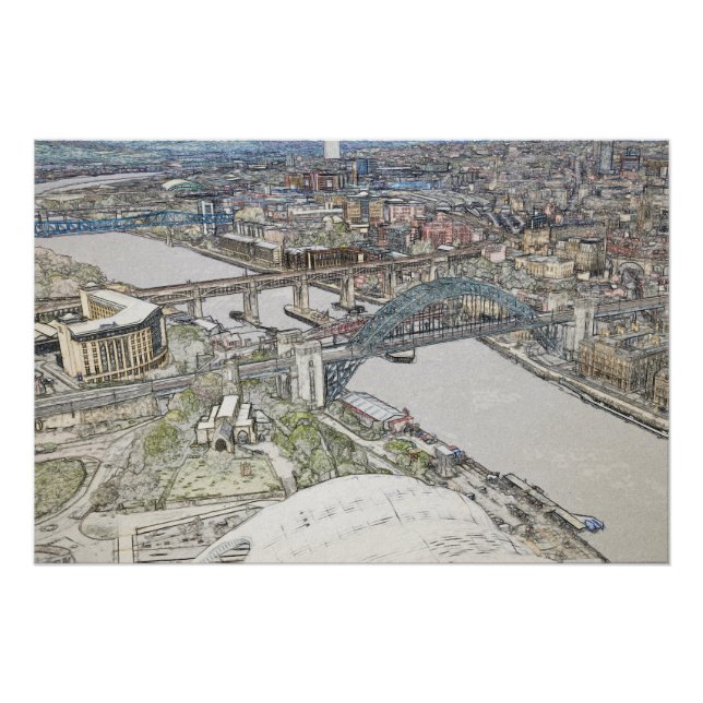 Póster Esboço Artístico da Ponte Tyne no Horizonte de New (Frente)