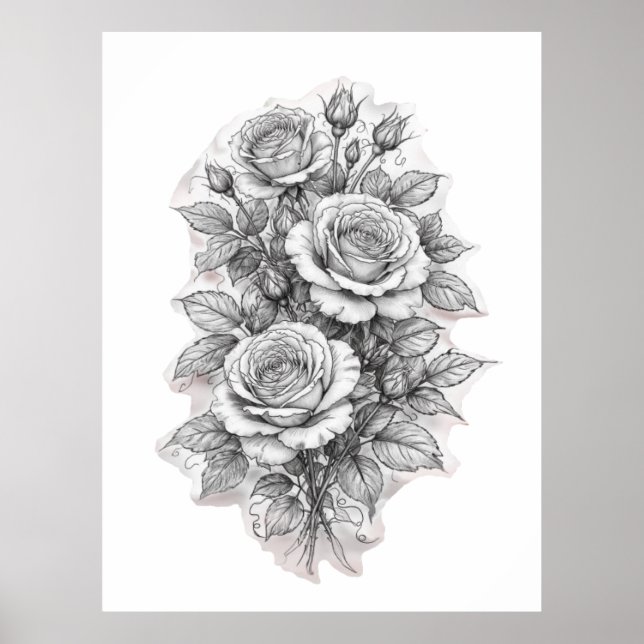 Poster Esboço de Delicado Buquê de Rosas Românticas (Frente)