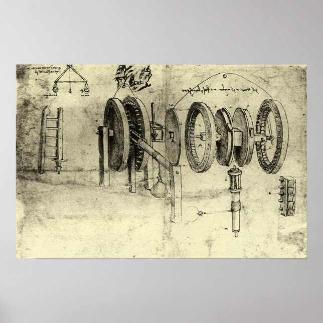 Póster Esboço de Engenharia de uma Roda por Leonardo da V (Frente)