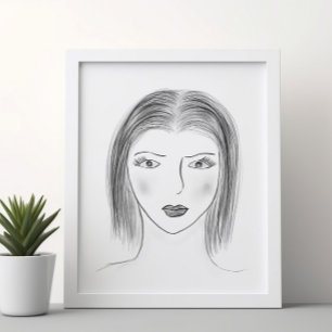 Poster Esboço de Rosto de Mulher Preto e Branco para Pare