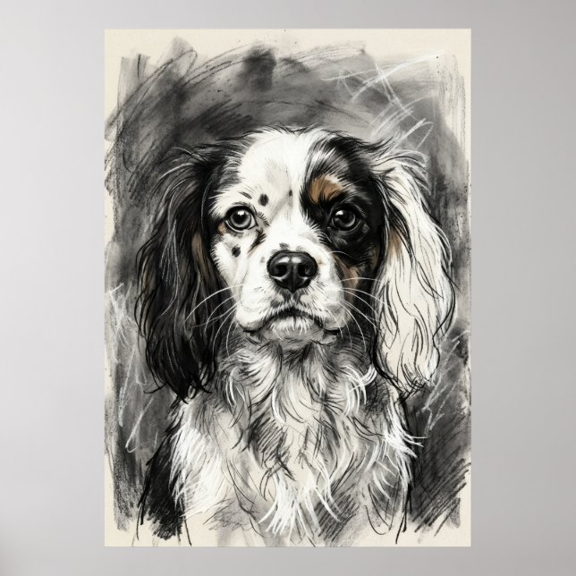 Poster Esboço em Carvão do Cavalier King Charles Spaniel (Frente)
