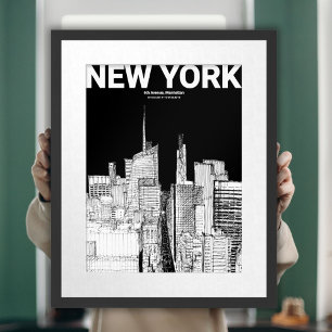 Poster Esboço Moderno da Silhueta de Nova York Preto e Br