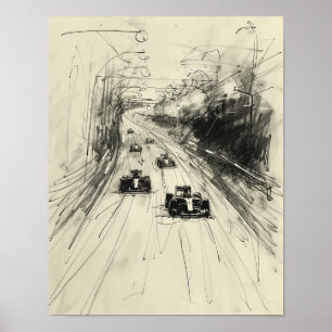 Poster Esboço Vintage de Corrida de Fórmula 1 na Pista