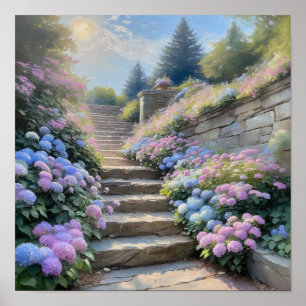 Poster Escadaria de Jardim de Pedra com Hortênsias Românt