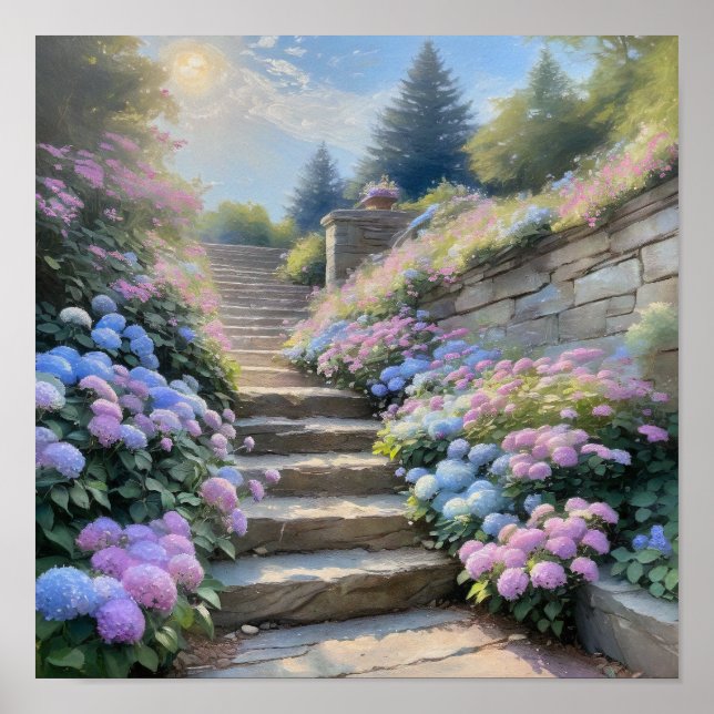 Poster Escadaria de Jardim de Pedra com Hortênsias Românt (Frente)