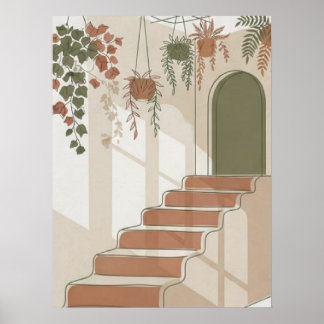 Poster Escadas do Deserto Boho em Terracota e Plantas Pen