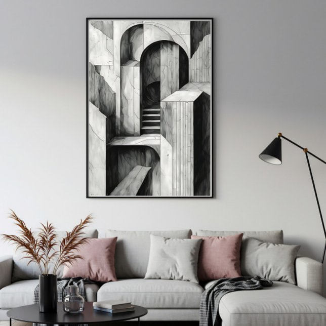 Poster Escadas e Arcos Arquitetônicos Surrealistas Monocr (Criador carregado)