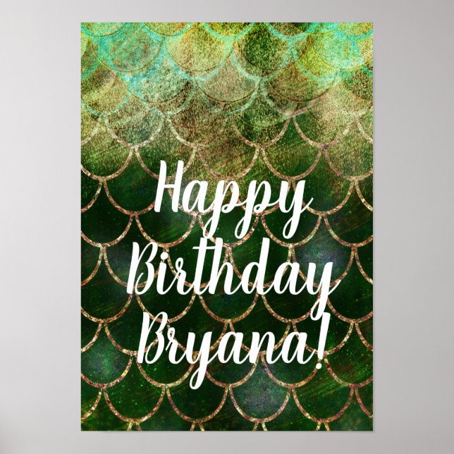 Poster Escamas de Peixe de Sereia Brilho Verde e Dourado (Frente)