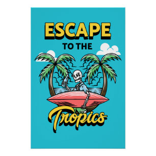 Póster Escape para o Surf de esqueleto trópico