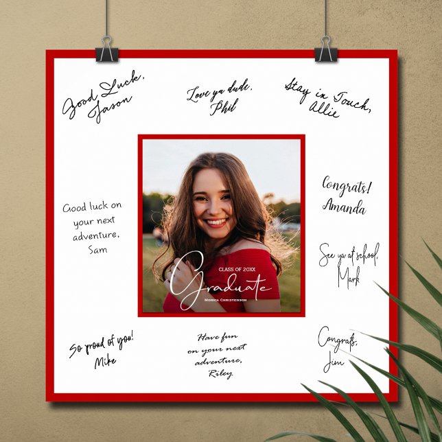 Poster Escarlet de Assinatura de Foto de Graduação Modern (Graduation autograph poster with your photo and red border, INSTANT DOWNLOAD and/or PRINTED)