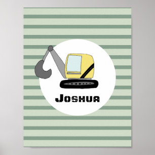 Poster Escavadeira de Construção para Meninos e Nome das 