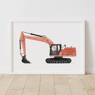 Poster Escavadeira Vermelha Decoração de Sala de Crianças