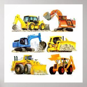 Póster Escavador e máquina escavadora maciços da