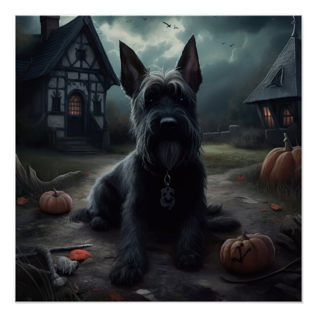 Póster Escocês Terrier Pumpkins Halloween Scary (Frente)